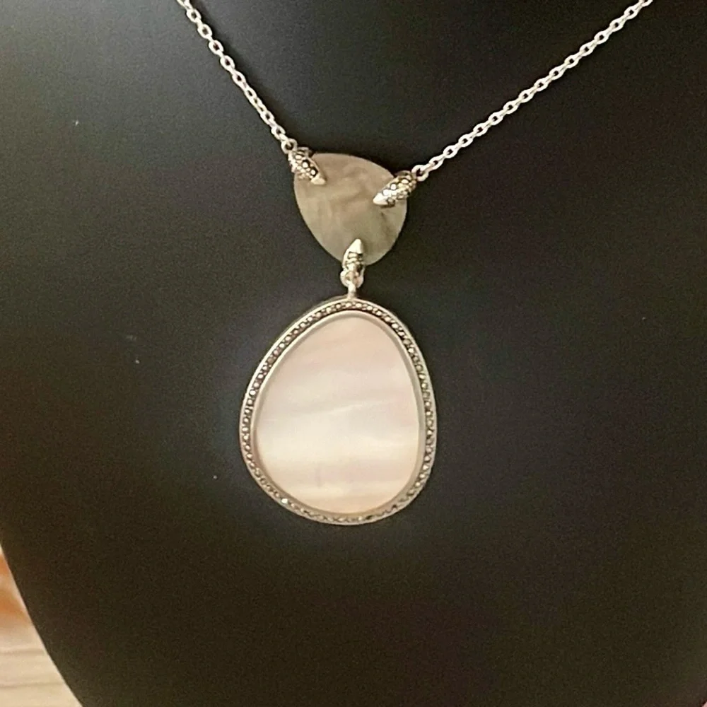 Judith Jack Sterling Silver Mother of Pearl Marcasite Pendant Necklace